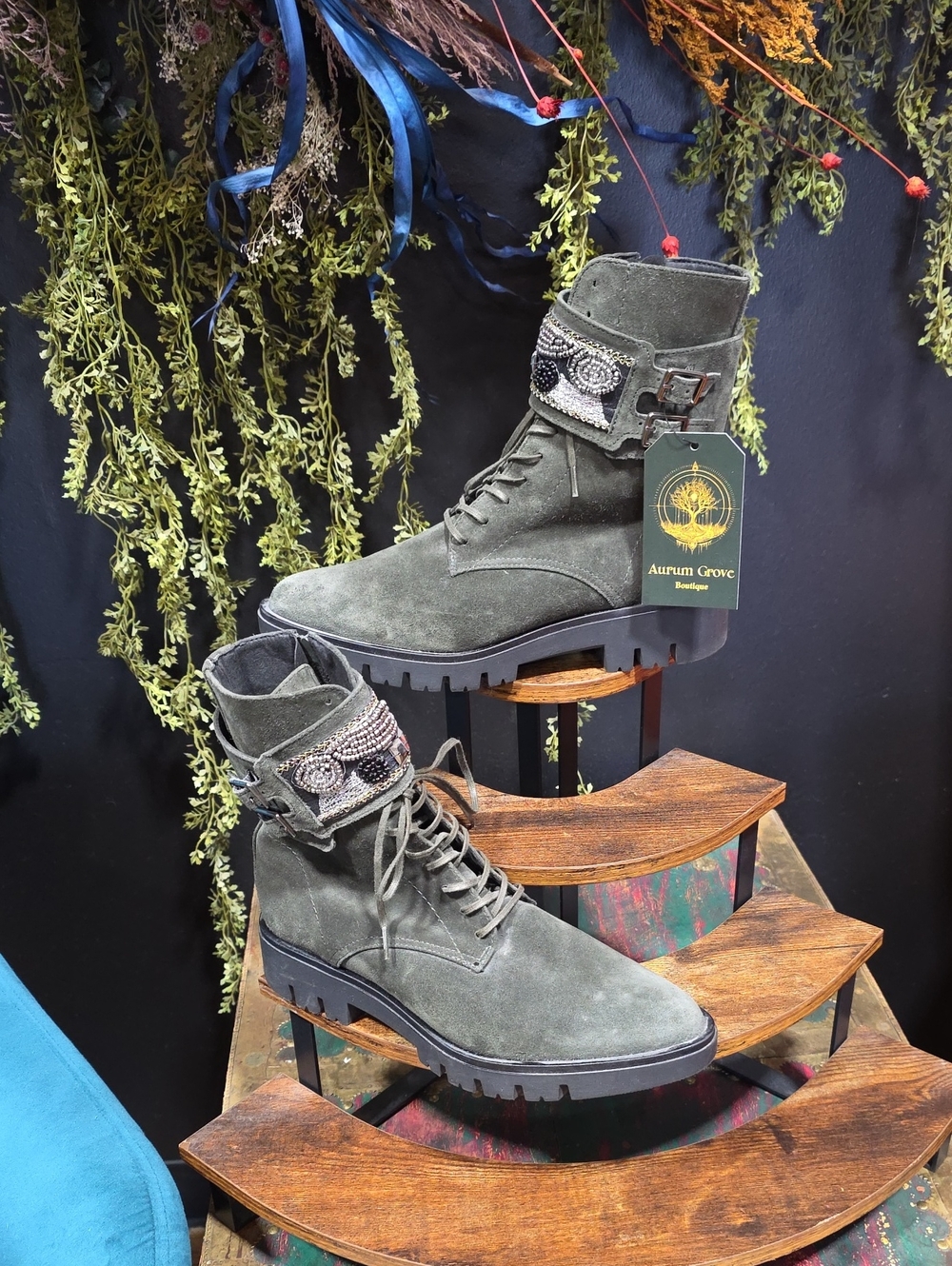 Rare! Eric Michael Olive Green Suede Lace-Up Combat Boots with Beaded Strap